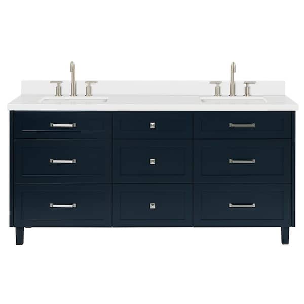Monroe 72 in. W x 22 in. D x 36 in. H Double Sink Bath Vanity in Midnight Blue with Pure White Quartz Top