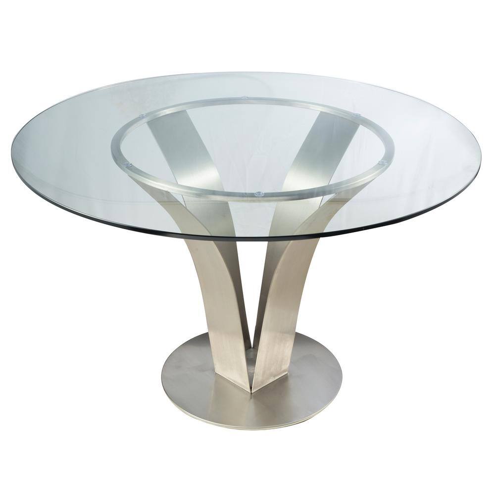 Contemporary 48" Round Glass & Silver Wood Dining Table