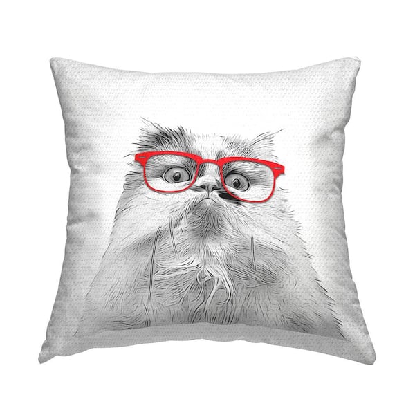 Stupell Industries Funny Cat in Glasses Grey Square Outdoor Throw Pillow