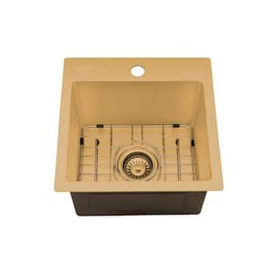 Terraza Gold 16-Gauge Stainless Steel 15 in. 1-Hole Drop-in Bar Sink in Matte Gold Satin Brass