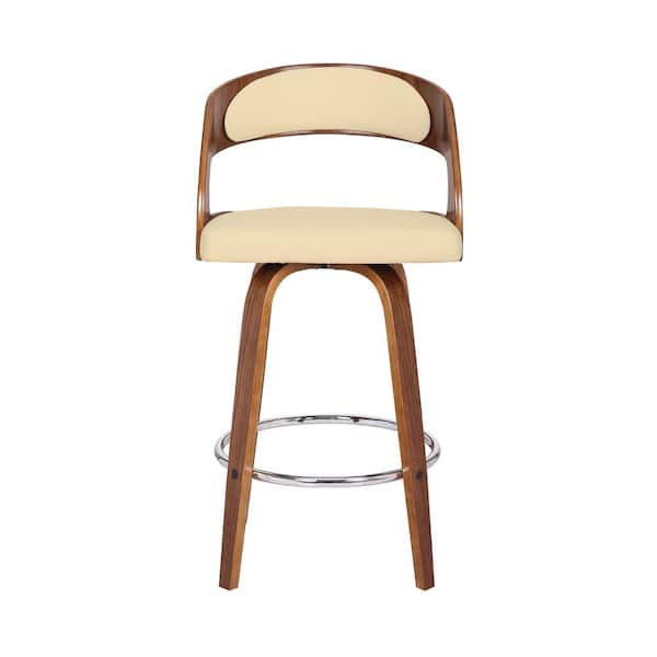 Armen Living Shelly Mid Century Modern Swivel Bar Stool - Cream Faux Leather & Walnut Wood, 26" Counter Height