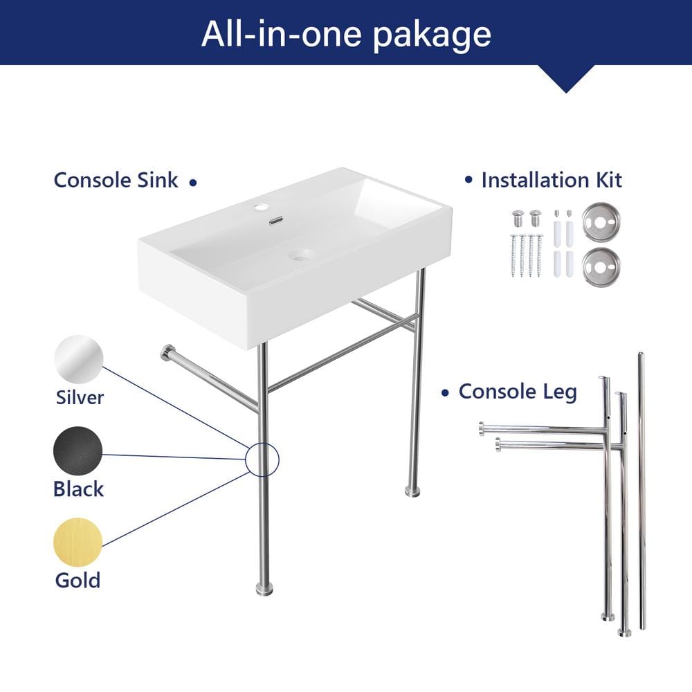 30" White Ceramic Console Sink with Black Stainless Steel Legs