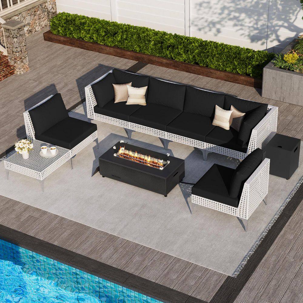9-Piece Outdoor Fire Pit Patio Set Conversation Set with Plaid LED Fire Pit Table, Black Cushions and 2 Coffee Tables