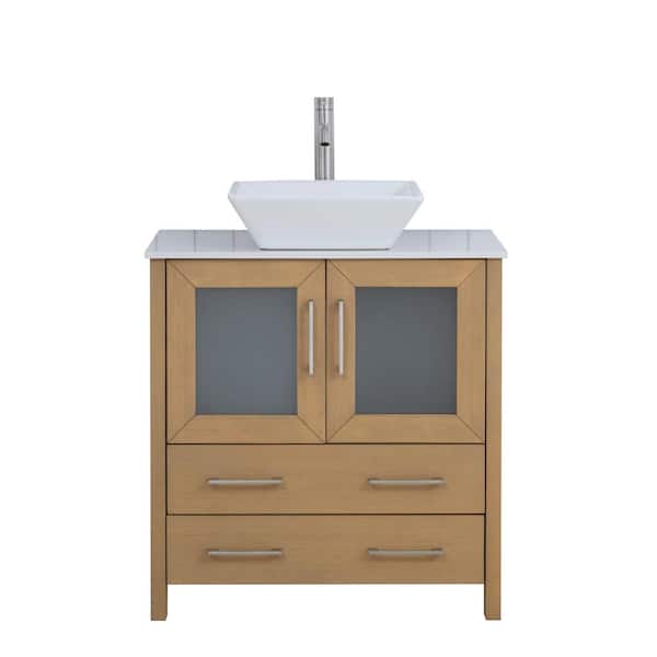 Vanity Art 30 in. W Single Basin Natural Oak Bath Vanity with White Engineered Marble Top and Mirror