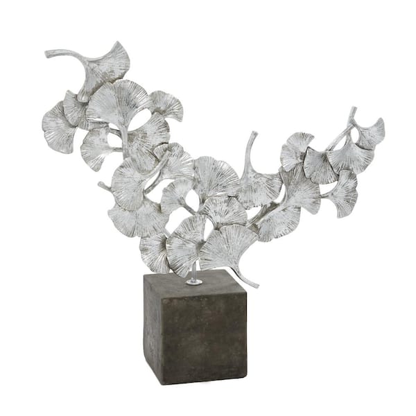 Litton Lane 5 in. x 17 in. Silver Polystone Floral Sculpture with Black Block Base