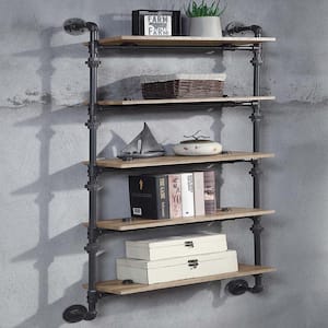Urbanne Industrial Aged 5-Tiered Wood Print MDF and Metal Pipe Floating Wall Shelf