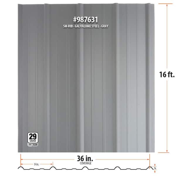 16 ft. SM-Rib Galvalume Steel 29-Gauge Roof/Siding Panel in Gray