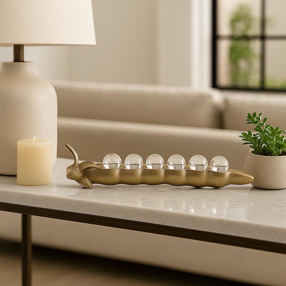 Gold 12.5 in. x 2.25 in. Metal Decorative Pea Pod Figurine with Glass Sphere