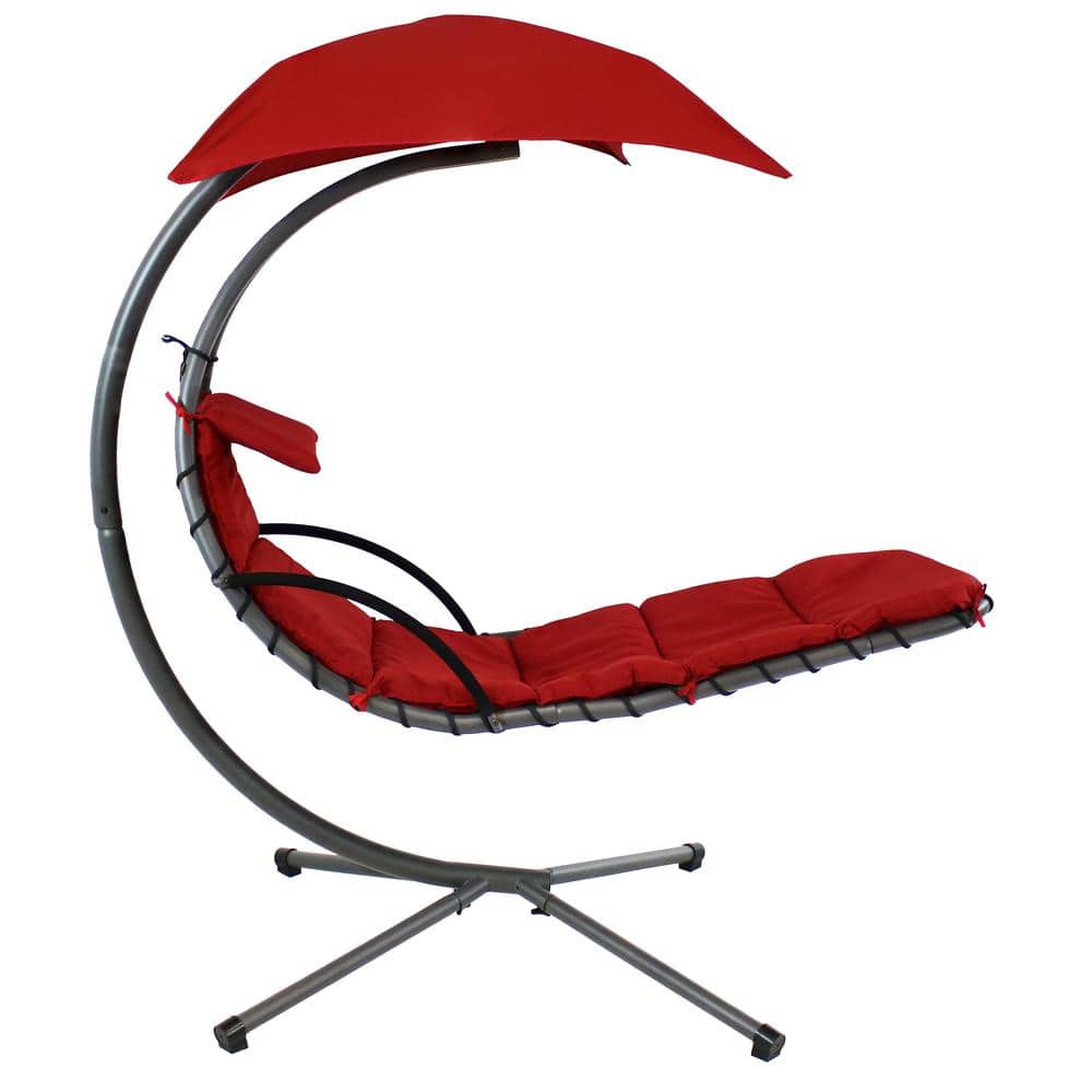Red Steel Outdoor Hanging Chaise Lounge Chair with Canopy