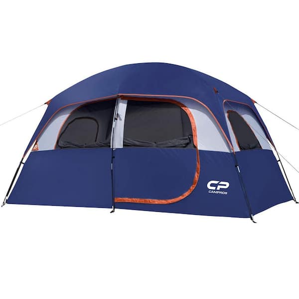 Unbranded Blue 6-Person Windproof Family Tent with 4 Large Mesh Windows, Double Layer, Easy Set Up, Portable with Carry Bag