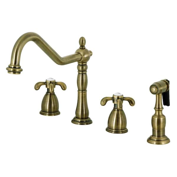 French Country 2-Handle Deck Mount Widespread Kitchen Faucet in Antique Brass