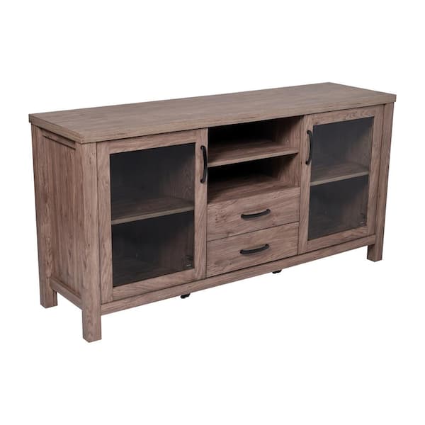 Carnegy Avenue Dion Brown Wood 59 in. Modern Kitchen Sideboard Storage Cabinet with Engineered Wood, 2 Tempered Glass Doors