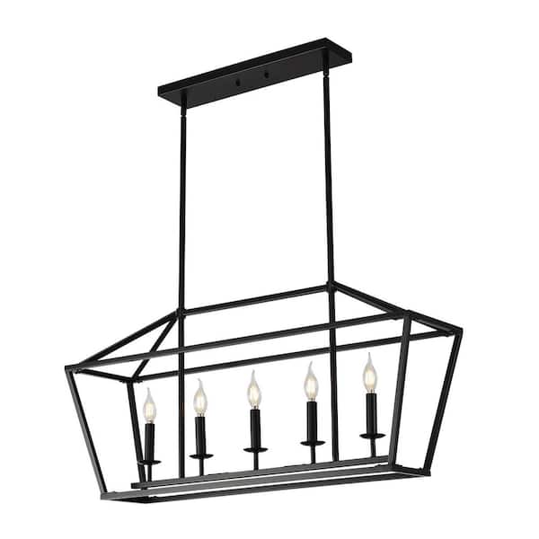 5-Light Matte Black Industrial Linear Metal Chandelier Finish Hanging Pendant Light Fixture
