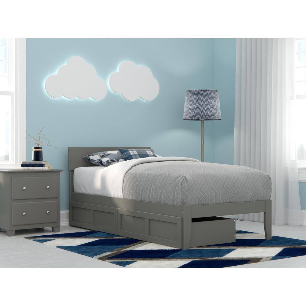 Gray Twin Wood Platform Bed with Storage Drawers
