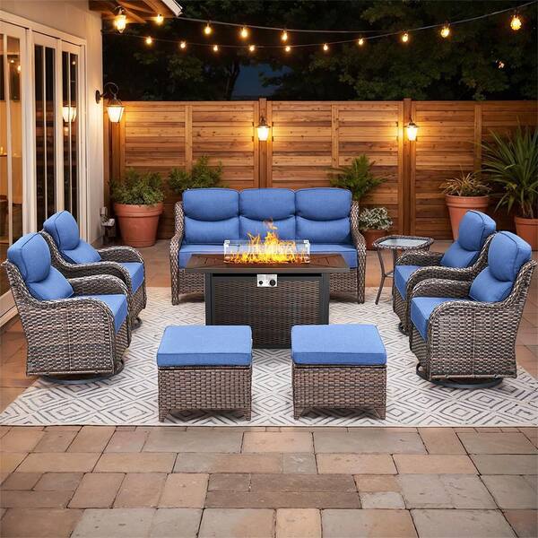 JHXL Brown Rattan Wicker 9-Piece Outdoor Patio Conversation Set with Blue Cushions, Rectangular Fire Pit Table