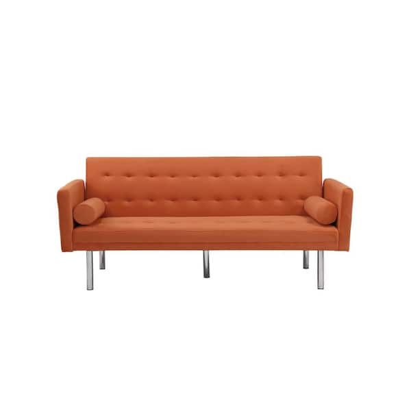 VERYKE 68.5 in. Orange Velvet 3-Adjustable Backrest Sofa Bed Sleeper with 2-Long Pillows