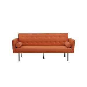 68.5 in Wide Square Arm Modern Velvet Accent Straight Sleeper Sofa With Metal Silver Leg For Living Room in Orange