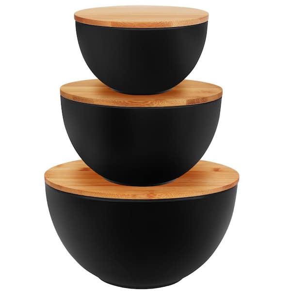 3-Piece Bamboo Fiber Beige Mixing Bowl Set with Bamboo Lids Eco Friendly Nesting Kitchen Food Storage