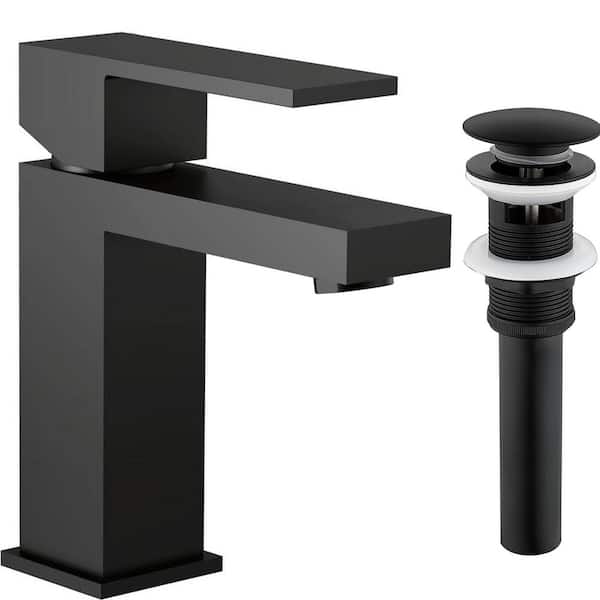 Single Handle Single Hole 15° Soft Flow Spout Bathroom Faucet with Pop-up Drain Kit in Matte Black