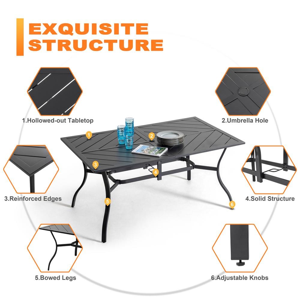 Black Powder-Coated Iron Outdoor Dining Table with Umbrella Hole
