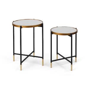 17.25 in. x 23.75 in. Gold/Black Round Glass Top Side Tables (Set of 2)