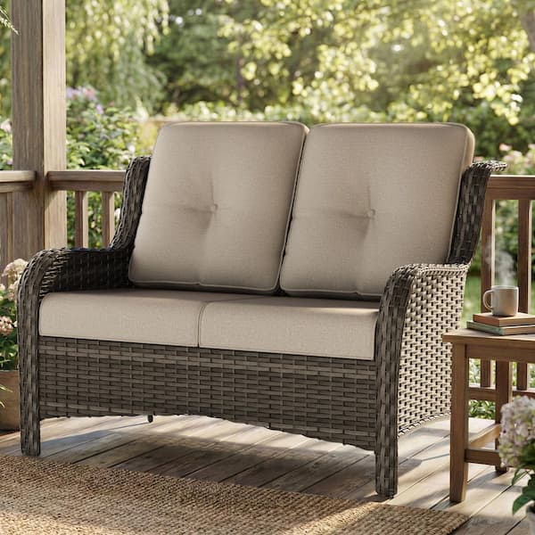 Brown Wicker Outdoor Patio Loveseat 2-Seat Sofa Couch with Beige Cushions