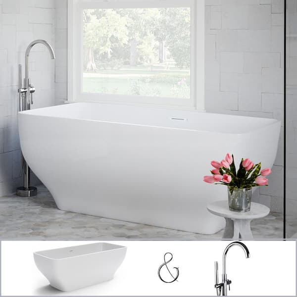 PELHAM & WHITE Oxford 67 in. Acrylic Curvy Rectangle Freestanding Bathtub in White, Floor-Mount Single-Post Faucet in Polished Chrome