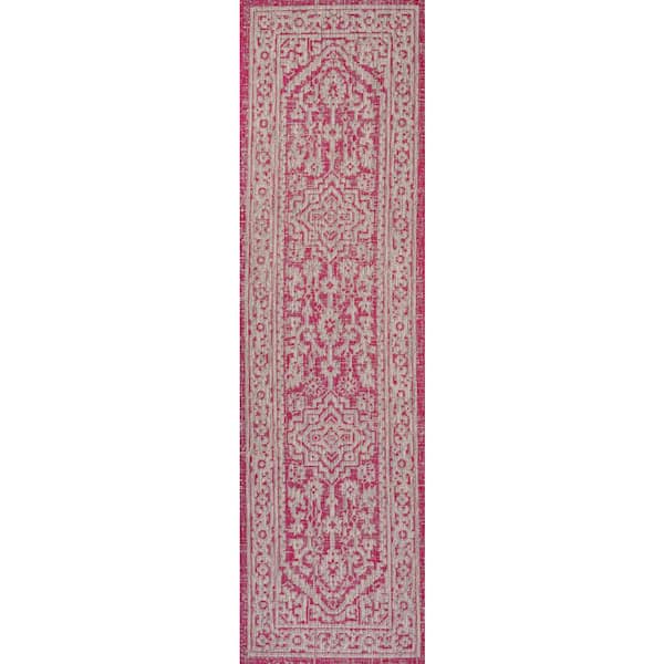 Sinjuri Medallion Textured Weave Fuchsia/Light Gray 2 ft. x 10 ft. Indoor/Outdoor Runner Rug
