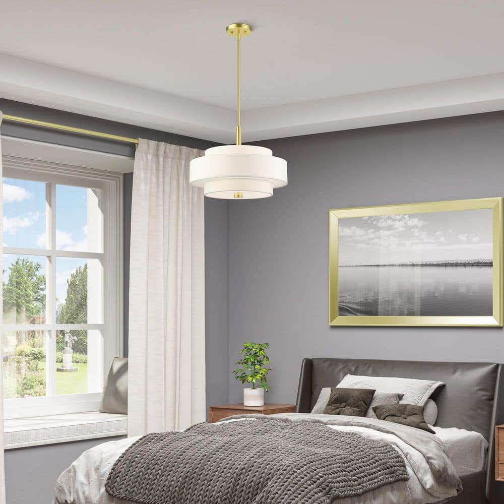 Satin Brass 4-Light Drum Chandelier with Off-White Shade