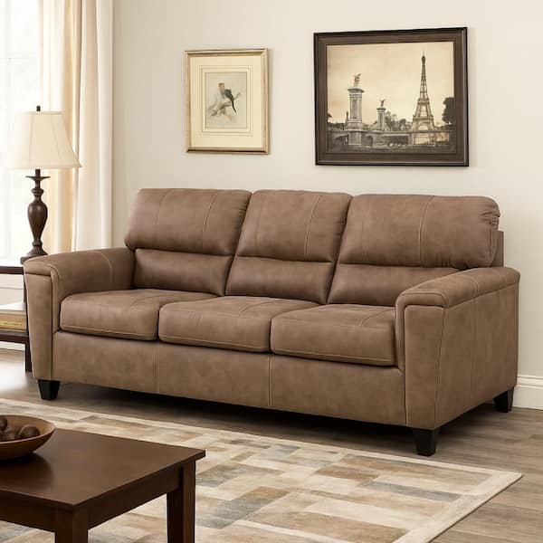 Nav 38 in. Pillow Top Arm Faux Leather Rectangle Cushioned Back Sofa in Fossil Brown and Black