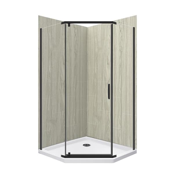 Cove 36 in. L x 36 in. W x 78 in. H Corner Shower Stall/Kit with Corner Drain in Driftwood and Matte Black