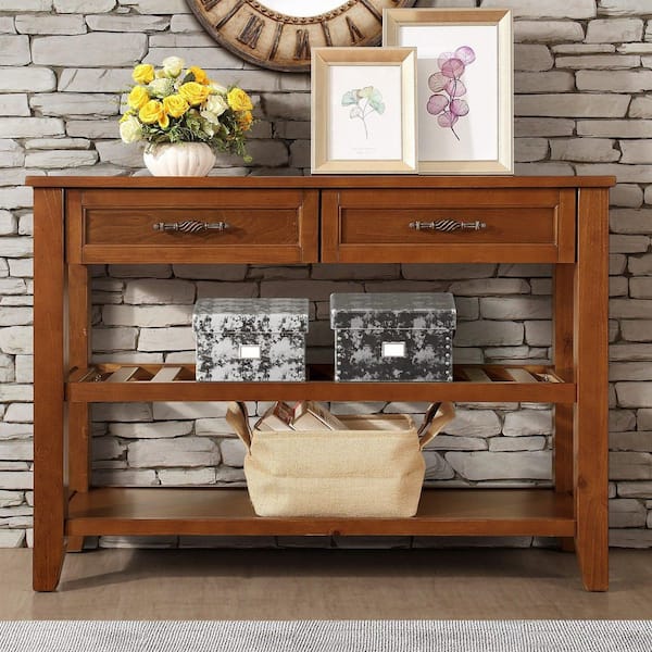 42.01 in. Brown Rectangle Wood Top Console Table with 2-Storage Drawers and 2-Tiers Shelves