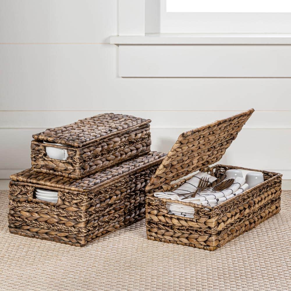 Brown Handwoven Seagrass Rectangular Storage Baskets Set of 3