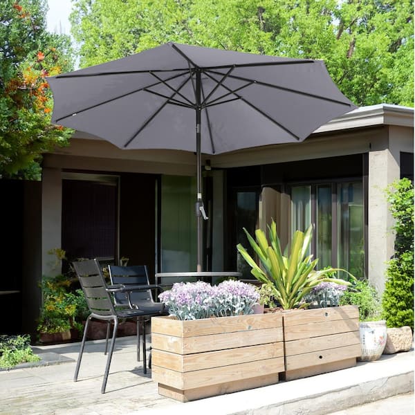9 ft. Aluminum Market Patio Umbrella with Auto Tilt, Hand Crank Lift in Gray