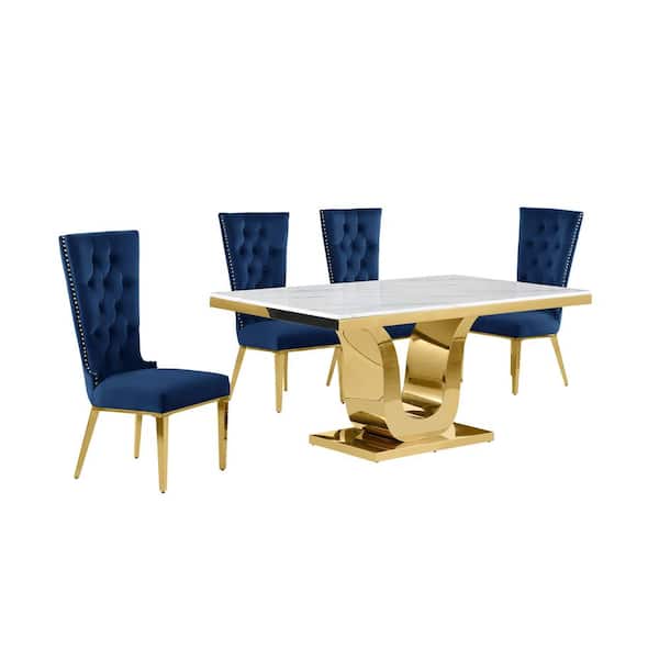 Best Quality Furniture Ada 5-Piece Rectangle White Marble Top With Gold Stainless Steel Dining Set With 4 Navy Blue Velvet Fabric Chairs