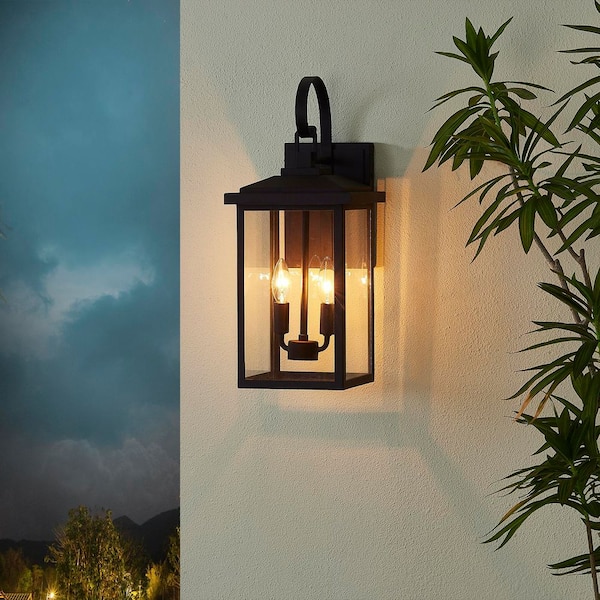 19.75 in. 2-Light Black Dusk to Dawn Outdoor Wall Lantern Sconce with Clear Glass Shade