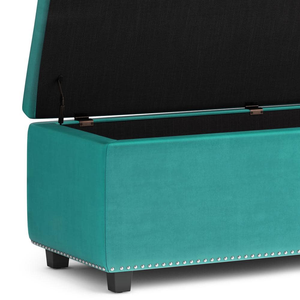 Aqua Blue Velvet Tufted Large Rectangular Storage Footstool
