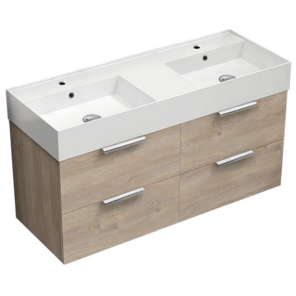 Derin 47.64 in. W x 18.11 in. D x 25.2 H Double Sinks Wall Mounted Bathroom Vanity in Brown oak with White Ceramic Top price history on PriceWatchPro