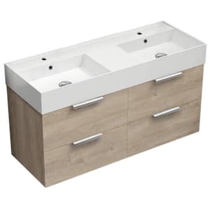 Derin 47.64 in. W x 18.11 in. D x 25.2 H Double Sinks Wall Mounted Bathroom Vanity in Brown oak with White Ceramic Top