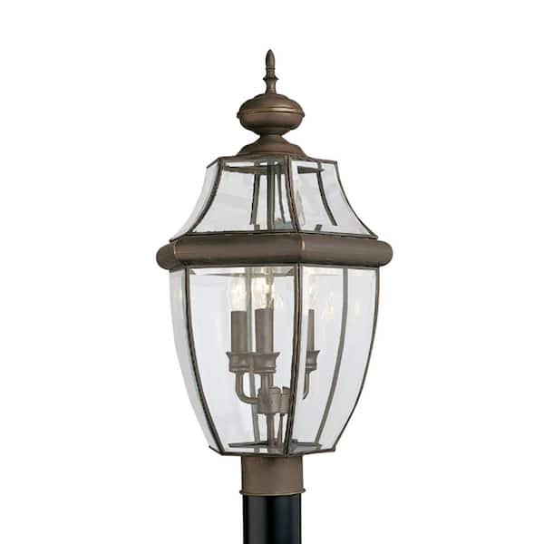 Generation Lighting Lancaster 3-Light Outdoor Antique Bronze Post Light with Dimmable Candelabra LED Bulb