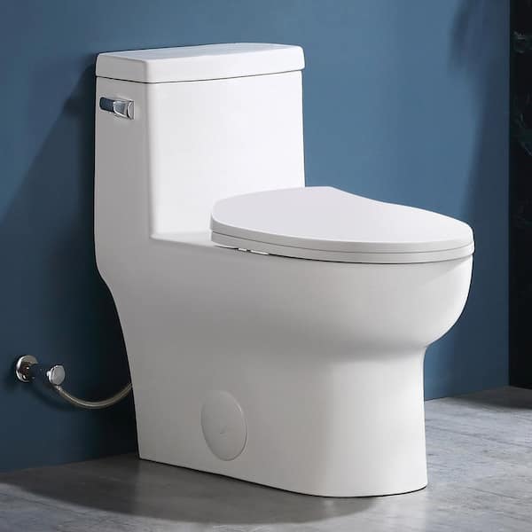 Hanikes 1-Piece 1.28 GPF Single Flush Elongated High Efficiency WaterSense Toilet in White, Soft Close Seat Included