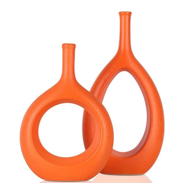 Orange 6 in. x 12 in. Ceramic Modern Boho Hollow Decorative Vase Set of 2