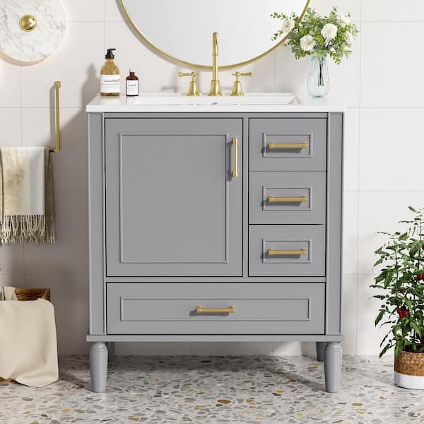 30 in. Single Sink Freestanding Gray Bath Vanity with White Ceramic Top and 3 Drawer Storage Cabinet Unassembled