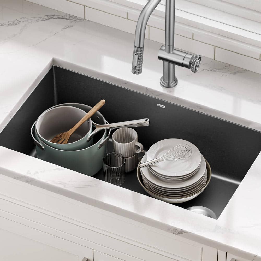 32-Inch Black Granite Undermount Single Bowl Kitchen Sink