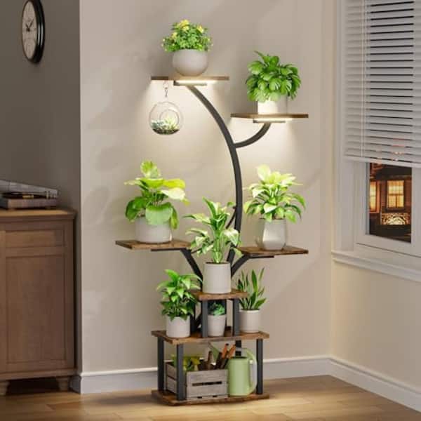 7-Tiered Indoor Plant Stand with Grow Lights, Metal Shelf, Tree-Shaped Design, Black, for Home & Patio, Full Spectrum