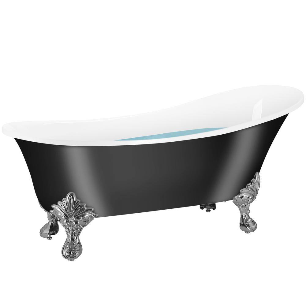 60'' Glossy Black Acrylic Clawfoot Freestanding Bathtub with Chrome Faucet