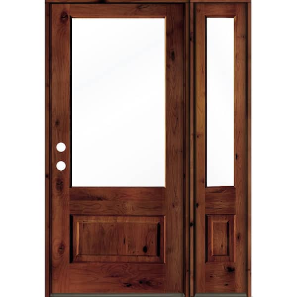 Krosswood Doors 50 in. x 80 in. Knotty Alder Right-Hand/Inswing 3/4 Lite Clear Glass Red Chestnut Stain Wood Prehung Front Door w/RSL