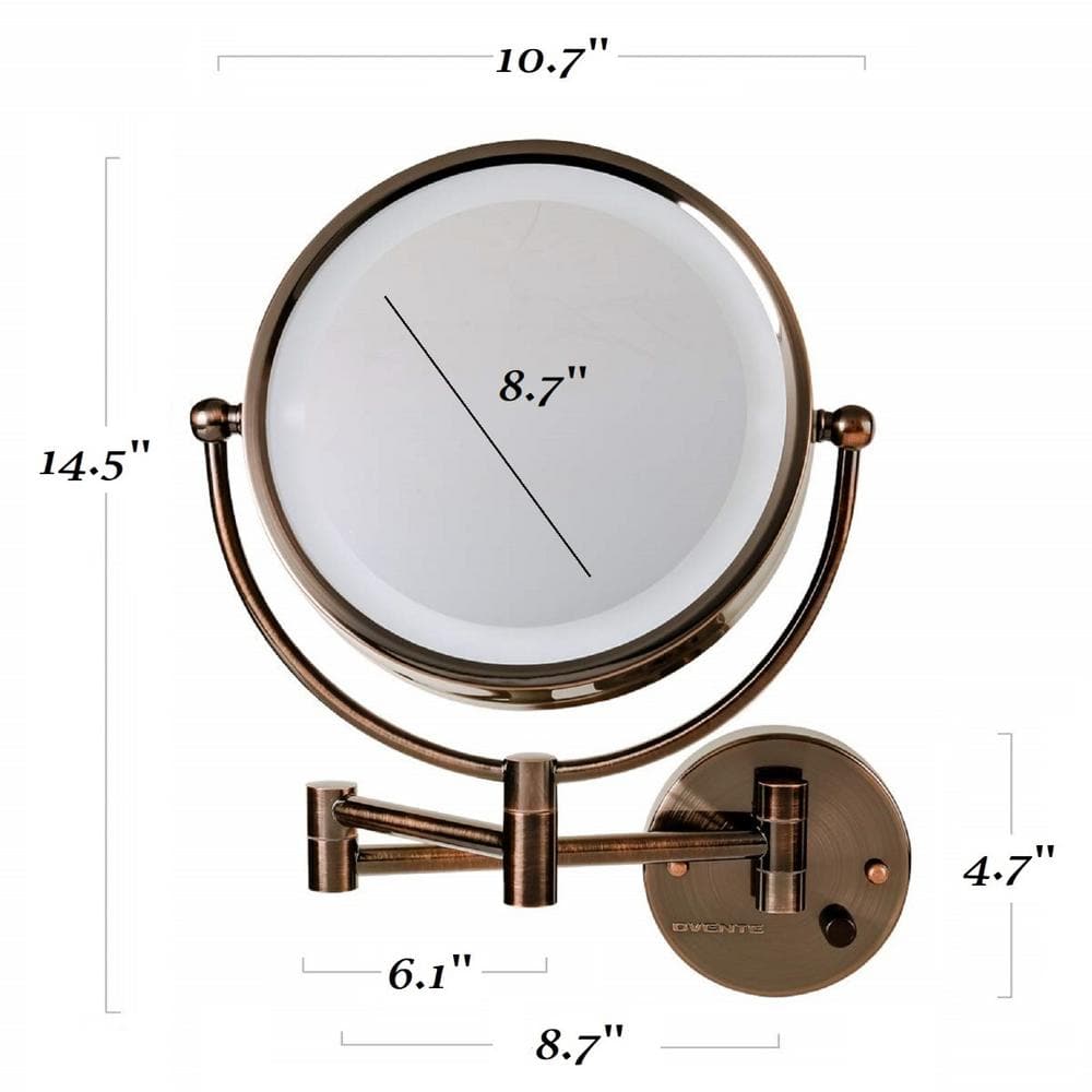 Antique Brass 8.5'' Round Wall-Mounted LED Vanity Makeup Mirror with 7X Magnification