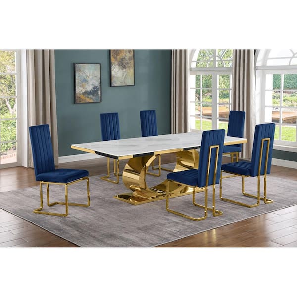 Best Quality Furniture Ibraim 7-Piece Rectangle White Marble Top Gold Stainless Steel Dining Set with 6 Navy Blue Velvet Gold Chrome Iron Chair