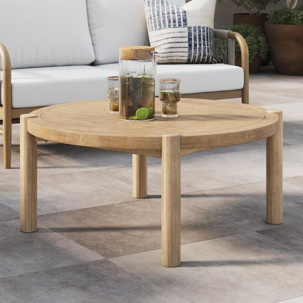 Bora Weathered Brown Round Wood Farmhouse Outdoor Coffee Table with Slatted Tabletop, Solid Acacia Wood